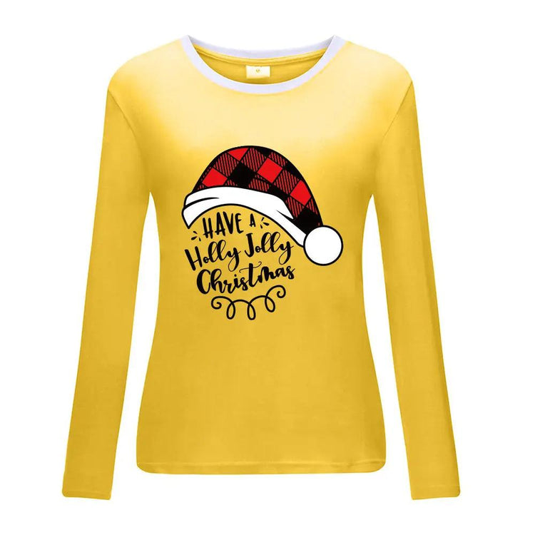 Yellow Christmas hat print white border long sleeved shirt with festive message, fun and bright holiday apparel option.