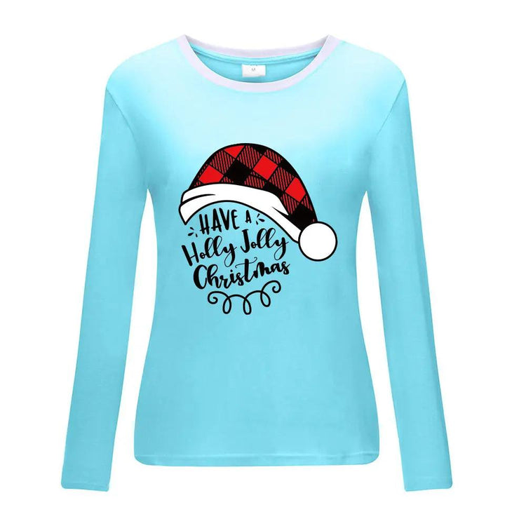 Light blue long sleeve shirt with Christmas hat print and cheerful holiday text, stylish and cozy for winter festivities.