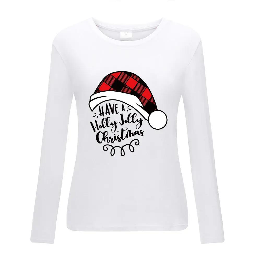 White Christmas long sleeved shirt with red plaid Santa hat print and festive lettering, great for holiday gatherings.