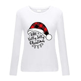 White Christmas long sleeved shirt with red plaid Santa hat print and festive lettering, great for holiday gatherings.