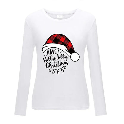 White Christmas long sleeved shirt with red plaid Santa hat print and festive lettering, great for holiday gatherings.