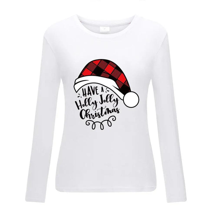 White Christmas long sleeved shirt with red plaid Santa hat print and festive lettering, great for holiday gatherings.