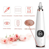 Electric blackhead remover device with screen display and USB charging port, featuring 6 suction heads and 3 intensity levels for deep pore cleansing.