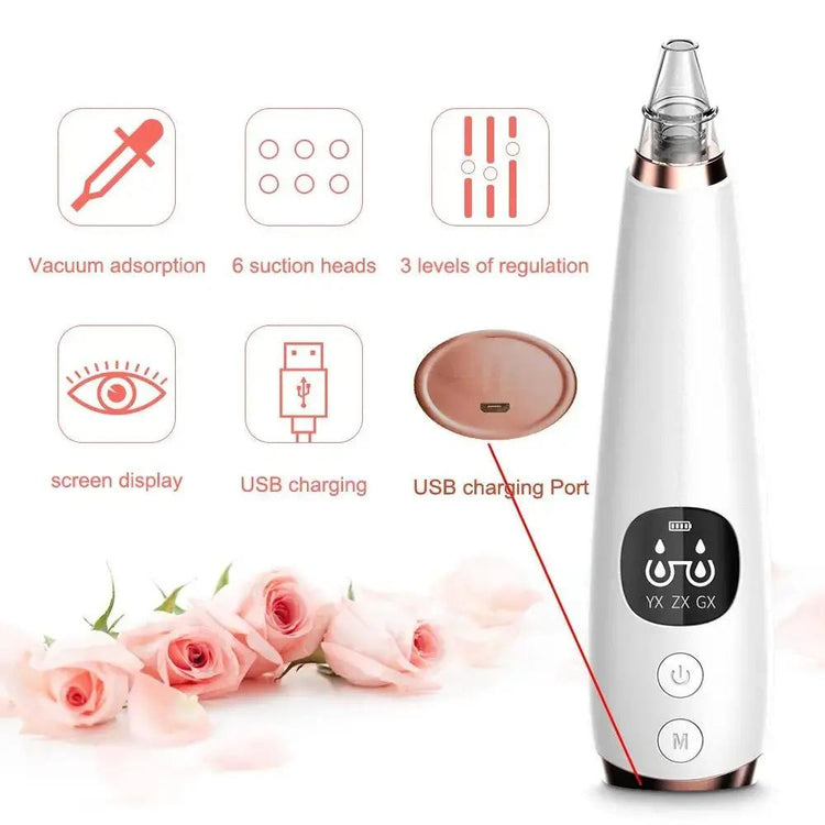 Electric blackhead remover device with screen display and USB charging port, featuring 6 suction heads and 3 intensity levels for deep pore cleansing.