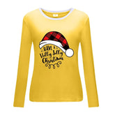 Yellow Christmas hat print white border long sleeved shirt with festive message, fun and bright holiday apparel option.