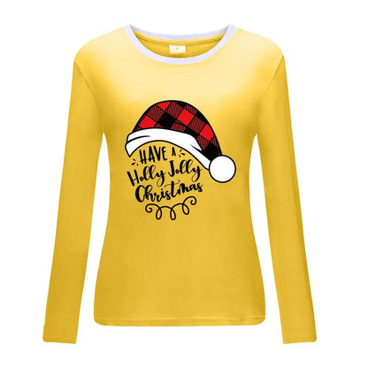 Yellow Christmas hat print white border long sleeved shirt with festive message, fun and bright holiday apparel option.