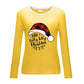 Yellow Christmas hat print white border long sleeved shirt with festive message, fun and bright holiday apparel option.
