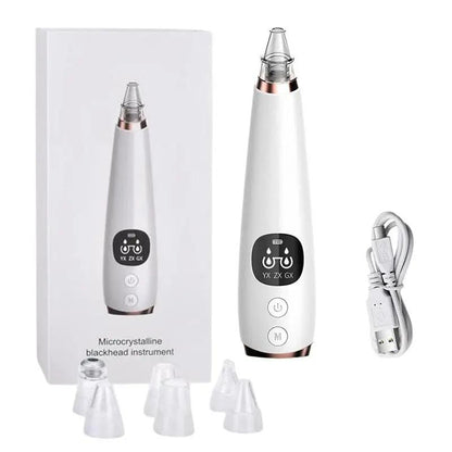 Electric blackhead remover device for deep pore cleansing with LCD display, USB charging cable, and multiple suction heads for skincare routine.