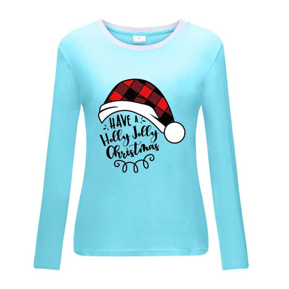 Light blue long sleeve shirt with Christmas hat print and cheerful holiday text, stylish and cozy for winter festivities.