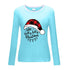 Light blue long sleeve shirt with Christmas hat print and cheerful holiday text, stylish and cozy for winter festivities.
