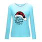 Light blue long sleeve shirt with Christmas hat print and cheerful holiday text, stylish and cozy for winter festivities.