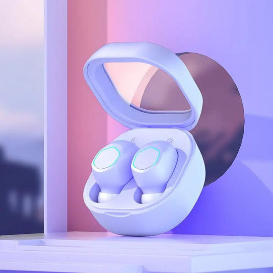 M21 Mini Wireless Earphones Bluetooth 5.3 in pastel purple charging case with open lid, showcasing compact in-ear design and LED accents.