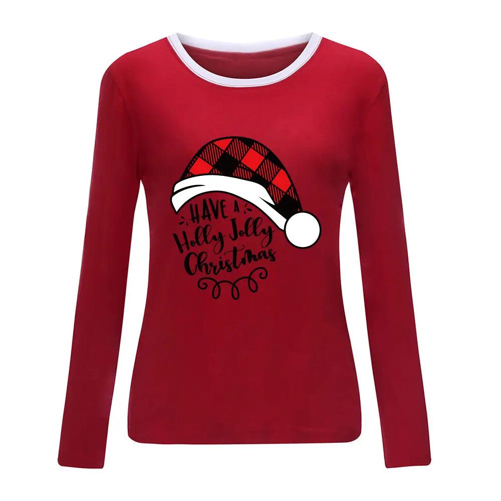 Red long sleeve shirt with white collar trim featuring a plaid Santa hat and holiday message, perfect for Christmas celebrations.