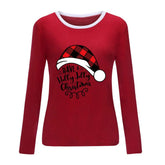 Red long sleeve shirt with white collar trim featuring a plaid Santa hat and holiday message, perfect for Christmas celebrations.