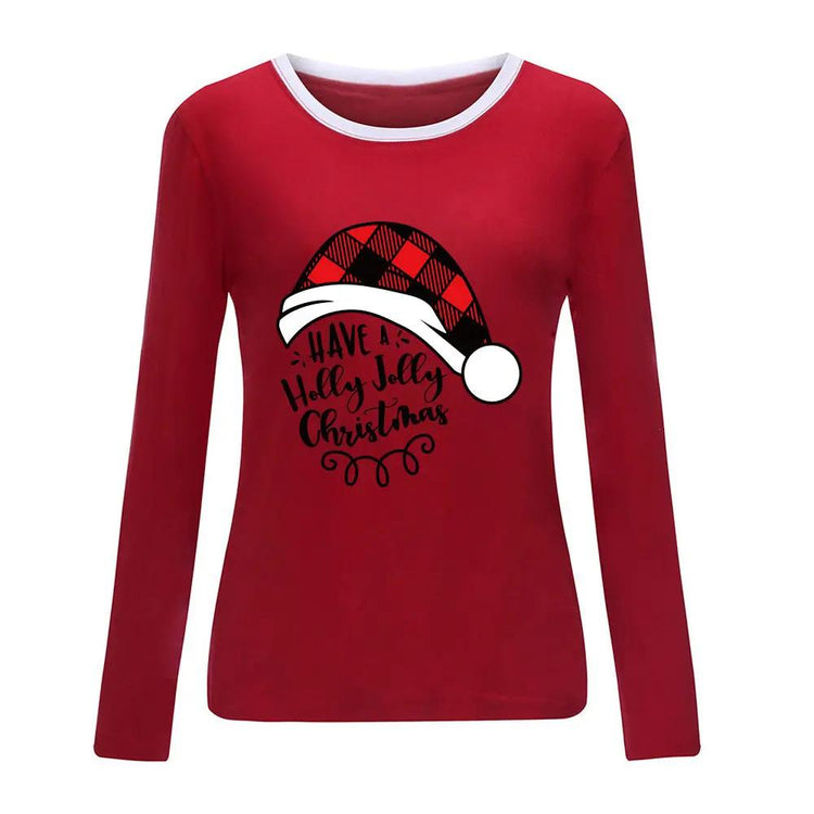 Red long sleeve shirt with white collar trim featuring a plaid Santa hat and holiday message, perfect for Christmas celebrations.